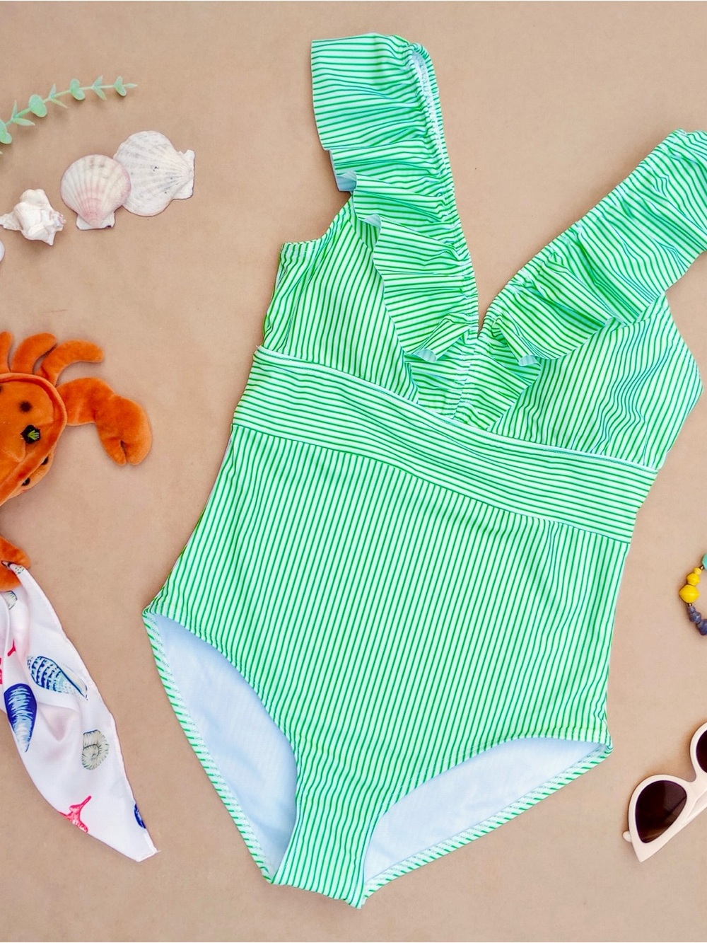 AAVA ❉ Ruffle Oceane Retro One Piece Swimsuit in Neon Stripe Green Size M